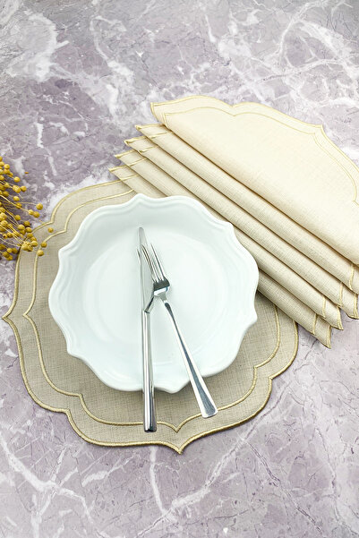 WEARE2 Krem Bej Renkli Bej Çift Sargı Nakışlı 6'lı Amerikan Servis