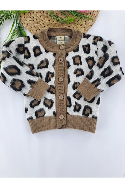 Butik Дебел плетен кардиган с леопардов шарен мотив за момиче, първокласно качество