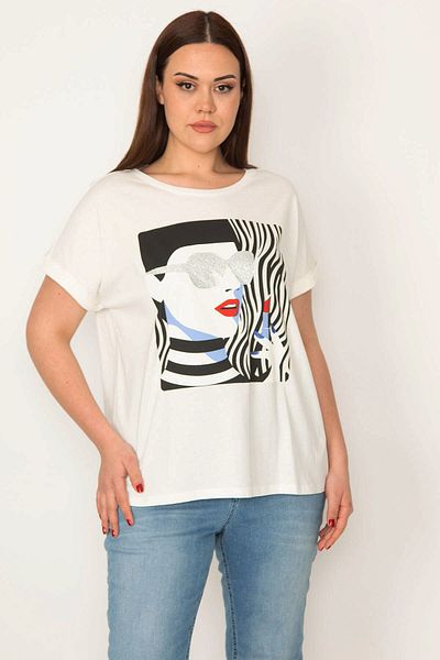 Şans Women's Plus Size White Cotton Fabric Blouse with Glitter and Print Detail 65n32227