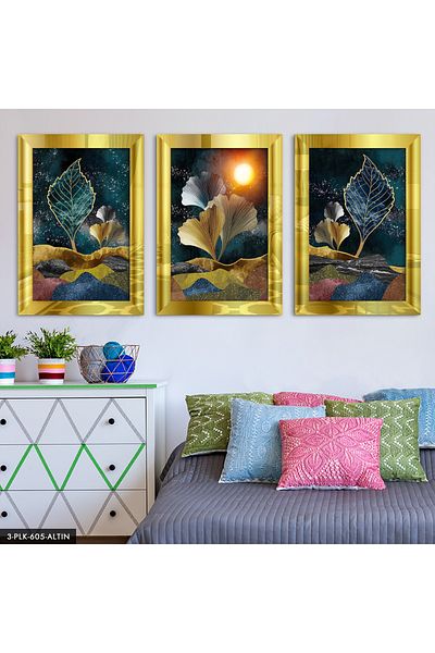 Evinemoda Pictură în oglindă din plexiglas cu flori abstracte din frunze aurii 3 piese