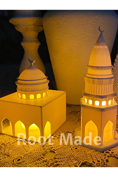 huni Mescit ve Minare Şeklinde Tealight Mum Aydınlatmalı İslami Dekoratif Obje