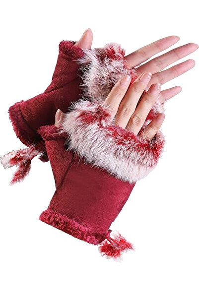 CAŞ DEKORASYON Bordo Renk Peluş Detaylı Kesik Eldiven