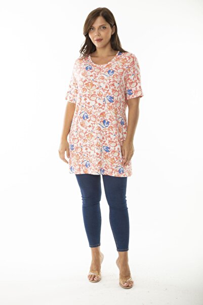 Şans Women's Large Size Colorful Crew Neck Patterned Long Blouse 65N36924