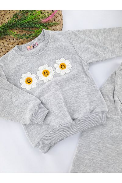 Butik Σετ φόρμας για κορίτσια με 2 κλωστές, φλις εσωτερικά, μαργαρίτα και κέντημα γάτας
