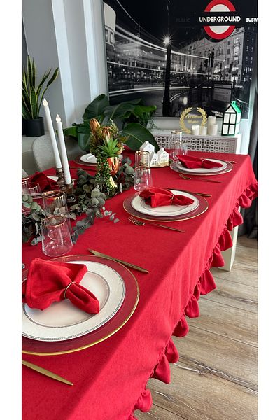 Decamor home Carefree Velvet Textured Red Vintage Ruffled Red Tablecloth