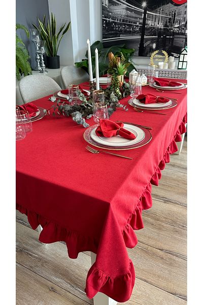 Decamor home Carefree Velvet Textured Red Vintage Ruffled Red Tablecloth