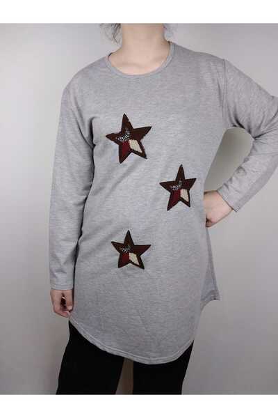 YAŞAR TRİKO Жіночий сірий велосипедний комір з довгими рукавами, з вишитим зіркою, двоколірна туніка