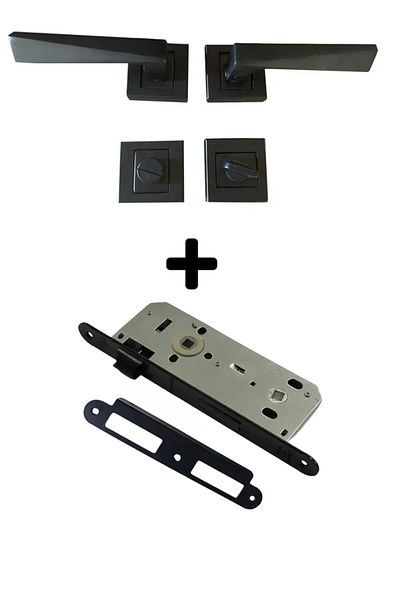 bersayapı Prism Square Rosette WC Door Handle and Noiseless Mortise Lock Matte black 1 Doorway Suit Black Door Lock 40mm