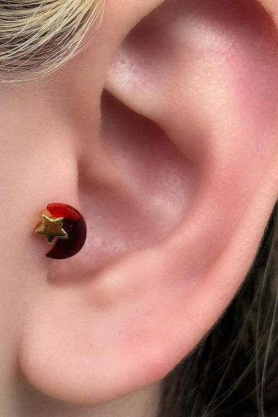 TAKIŞTIR Gold Color Surgical Steel Moon and Star Figured Tragus/ Cartilage Earring/ Piercing (Single)