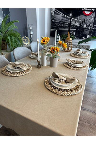 Decamor home Velvet Textured Carefree Beige Tablecloth (Napkin Not Included)