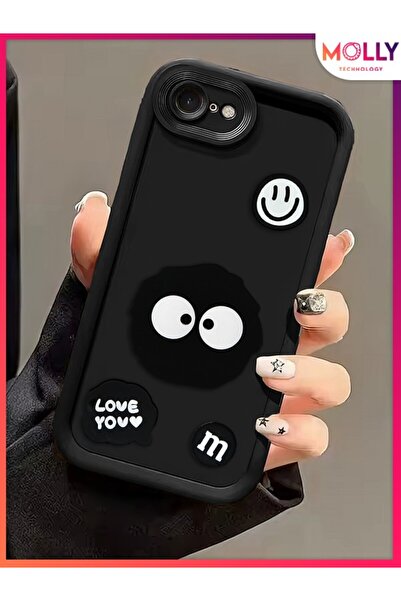 Molly iPhone SE 2022 İçin Siyah Kenarları Kalın 3d Kabartmalı Love Puff Silik...
