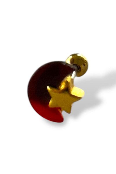 TAKIŞTIR Gold Color Surgical Steel Moon and Star Figured Tragus/ Cartilage Earring/ Piercing (Single)