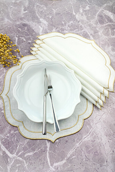 WEARE2 Krem Bej Renkli Çift Sargı Nakışlı 6'lı Amerikan Servis