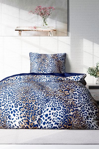 MonoHome Blue Leopard Print 100% Cotton Satin Single Duvet Cover Set