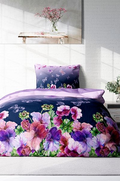 MonoHome Purple Butterfly Patterned Single Duvet Cover Set - 100% Cotton Satin