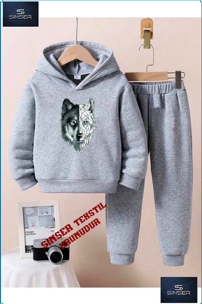 SS SİNSER Kapşonlu Çocuk “GRI KURT” Baskılı Eşofman Takımı