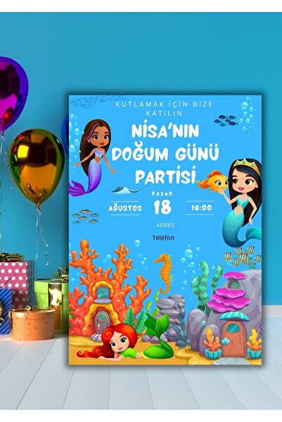 Kozalak Tasarım Deniz Kızı Konsept Doğum Günü Özel Gün Davetiyesi 12 Adet  Ki...