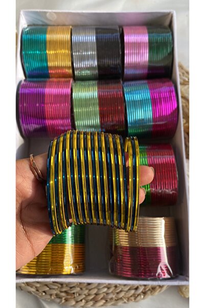 Home 24'lü Hint Metal Bilezik Seti - 12 Koyu Turkuaz & 12 Altın Rengi - 2.10 Beden (büyük Bilekler İçin)