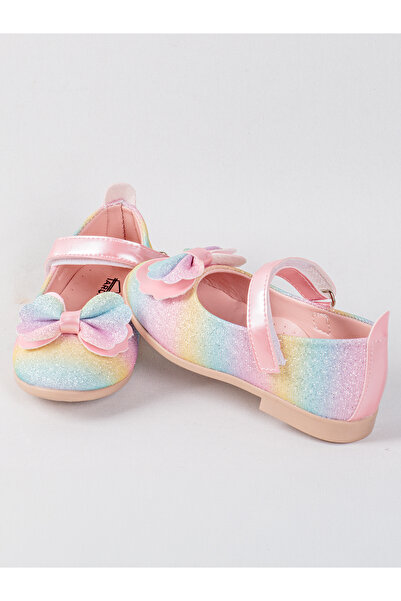 NS Little Duhové vzorované baleríny pro dívky – s mašlí a suchým zipem, úzký střih