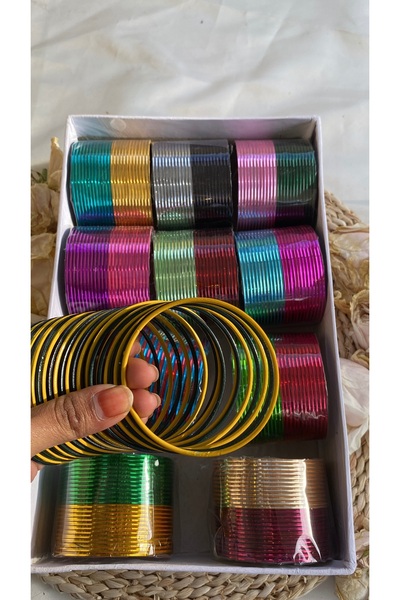 Home 24'lü Hint Metal Bilezik Seti - 12 Koyu Turkuaz & 12 Altın Rengi - 2.10 Beden (büyük Bilekler İçin)