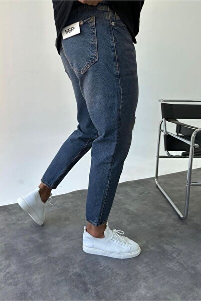 MADZEYMODA Boyfriend Ανδρικό σκισμένο λεπτομερές μπλε τζιν παντελόνι