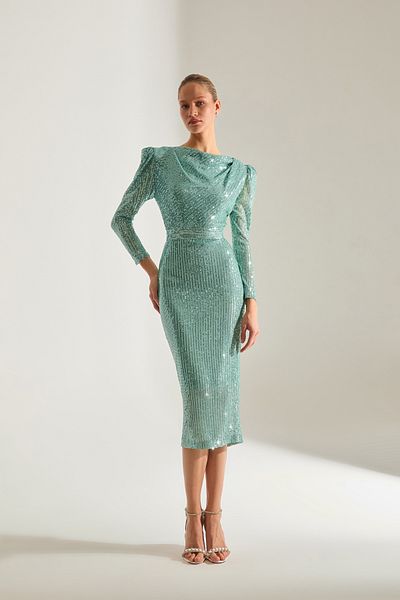 BETTY & SAM Degaje Neckline Pencil Skirt Water Green Lurex Sequin Engagement Dress