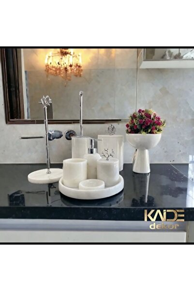 KaideDekor Beyaz 9'lu Mermer Banyo Seti