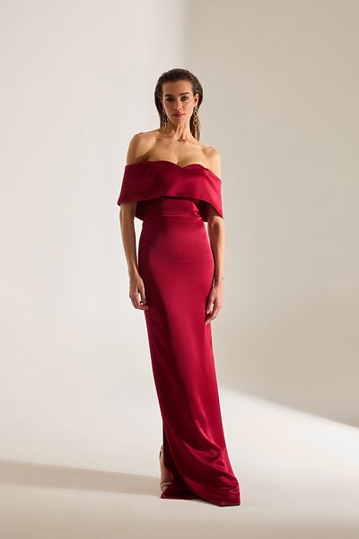 BETTY & SAM Pamella Madonna Collar Satin Dark Red Engagement Dress