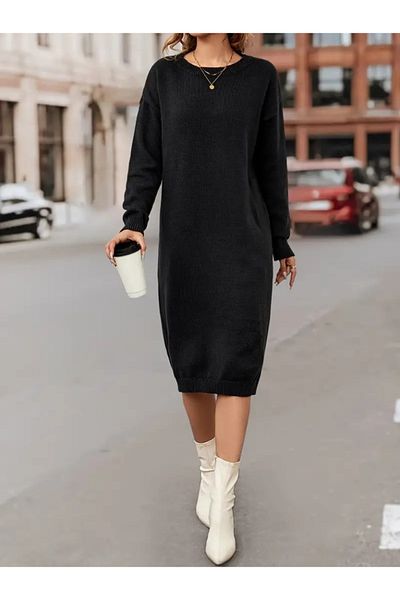 Simala Rochie de damă cu mânecă lungă, cu decolteu, cu fantă laterală, tricotaj midi
