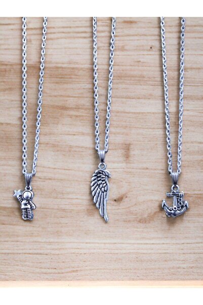 Piercing Market Steel & Silver 3'lü Astronot,Çapa Ve Melek Kanadı Gümüş Renk Kombin Seti Kolye