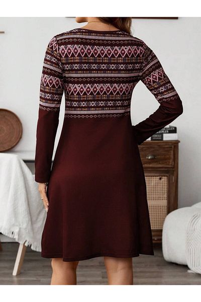 İpeksi Silky Women's Long Sleeve Crew Neck Ethnic Pattern Short Hooded Diver Dress