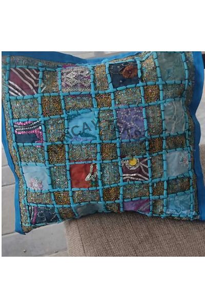 TUNCAY TEKSTİL Blue Indian Business Patchwork Throw Pillow Cover