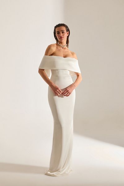 BETTY & SAM Pamella Madonna Collar Satin White Engagement Dress