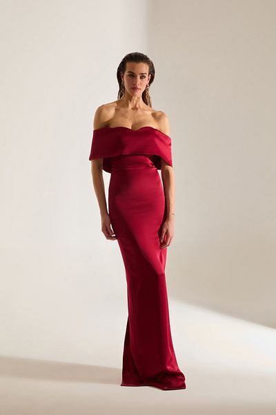 BETTY & SAM Pamella Madonna Collar Satin Dark Red Engagement Dress