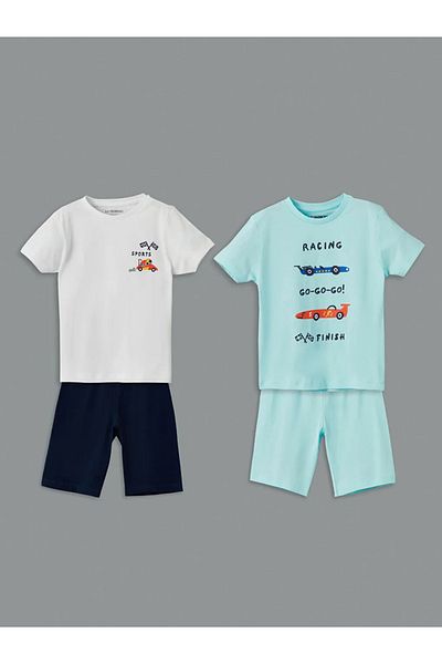 LC Waikiki Tricou și pantaloni scurți pentru băieți LCW Kids, alb, cu gâtul turn, pachet de 2