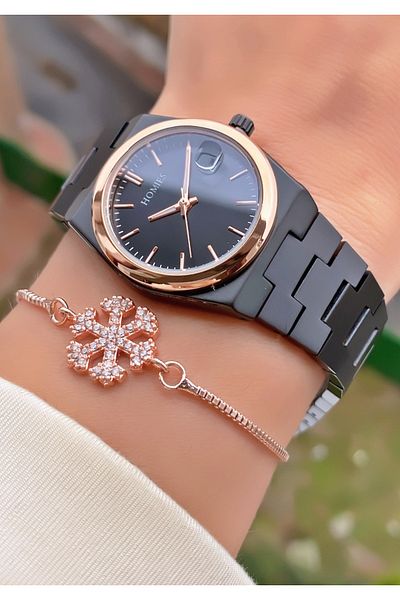 Homies Brand Rose Black Color Waterproof Women's Wristwatch - With Bracelet Gift