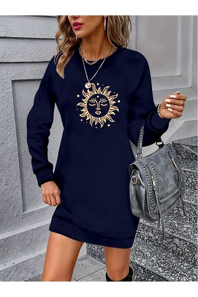 REKA MODA    Women's Long Sleeve Crew Neck Sun Pattern Viscose Two Thread Dress