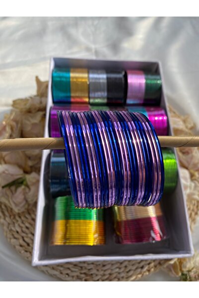 Home 24'lü Hint Metal Bilezik Seti - 12 Kraliyet Mavisi & 12 Mor - 2.10 Beden (Büyük Bilekler İçin)