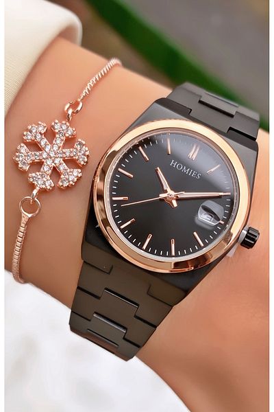 Homies Brand Rose Black Color Waterproof Women's Wristwatch - With Bracelet Gift