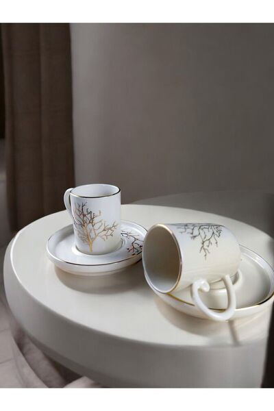 St Morritz 12 parça Hayat Ağacı Kahve Fincan takımı altın silindir
