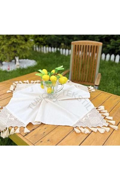 TUNCAY TEKSTİL Buldan Hand Lace Linen Rope Embroidered Tassel Organic Cotton Tablecloth