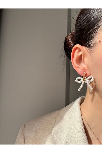 Ressia Women's White Pearl New Season Bow Earrings