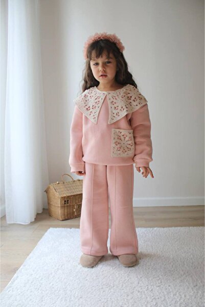 JELİBOOM بدلة ناعمة مع ياقة دانتيل للفتيات - وردي فاتح