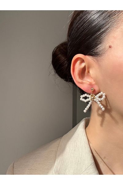 Ressia Women's White Pearl New Season Bow Earrings