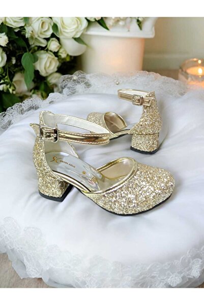 PATİK BEBE Pantofi de seara cu toc patrat de culoare aurie pentru fete