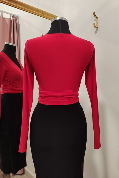 Due Stelle Red Long Sleeve Crop Blouse - Wrap Cut