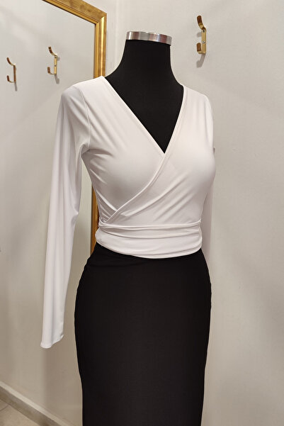 Due Stelle White Crop Blouse - Long Sleeve and Wrap Cut