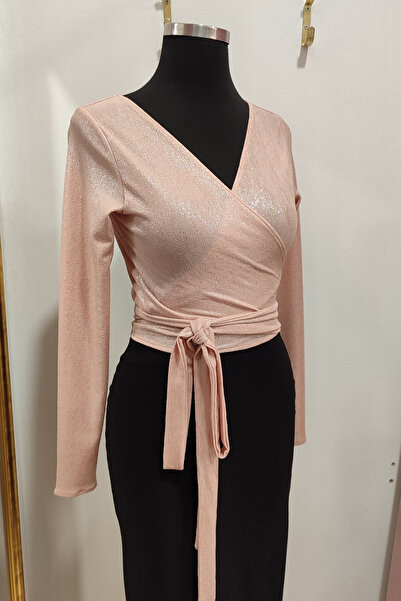 Due Stelle Uzun Kollu Anvelop Crop Bluz Simli Pudra