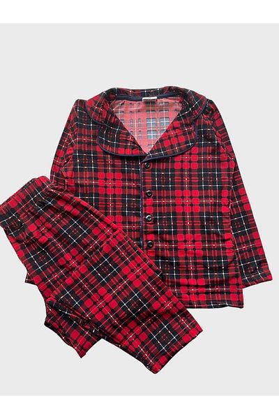 ALİŞ KİDS Boy's Cotton Red Plaid Print Shirt Collar Button-Down Long Sleeve Pajamas Set