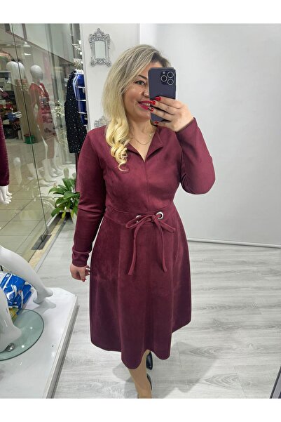 SBUTİK Bordo Süet Kuş Gözlü Belden Bağlamalı Dikiş Özellikli Yaka Yırtmaçlı Elbise stp 25k2412